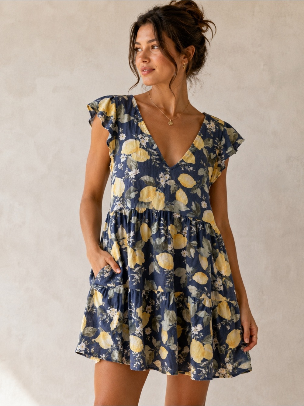 Abercrombie Linen Blend Lemon Print Mini Dress Cottagecore Coastal Summer Picnic